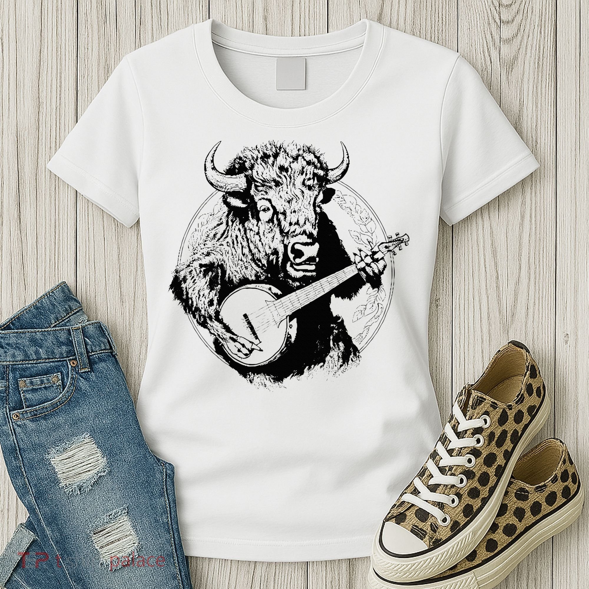 Buffalo Retro Bison Animal Playing Banjo Music Graphic Women's T-Shirt