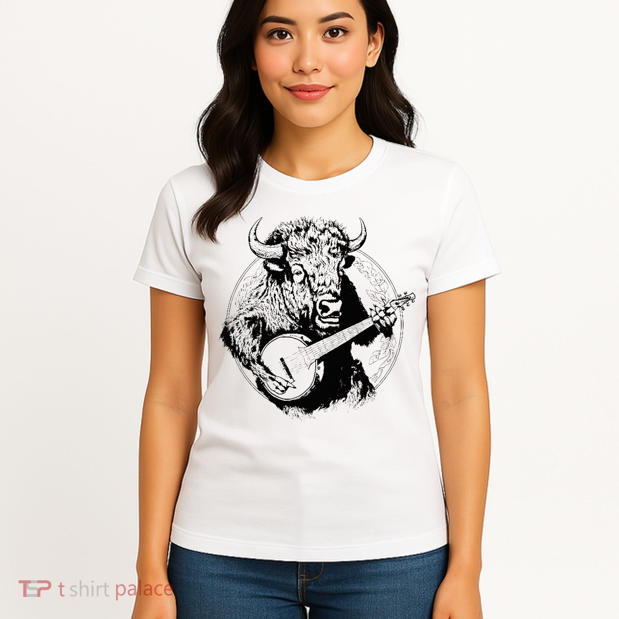 Buffalo Retro Bison Animal Playing Banjo Music Graphic Women's T-Shirt