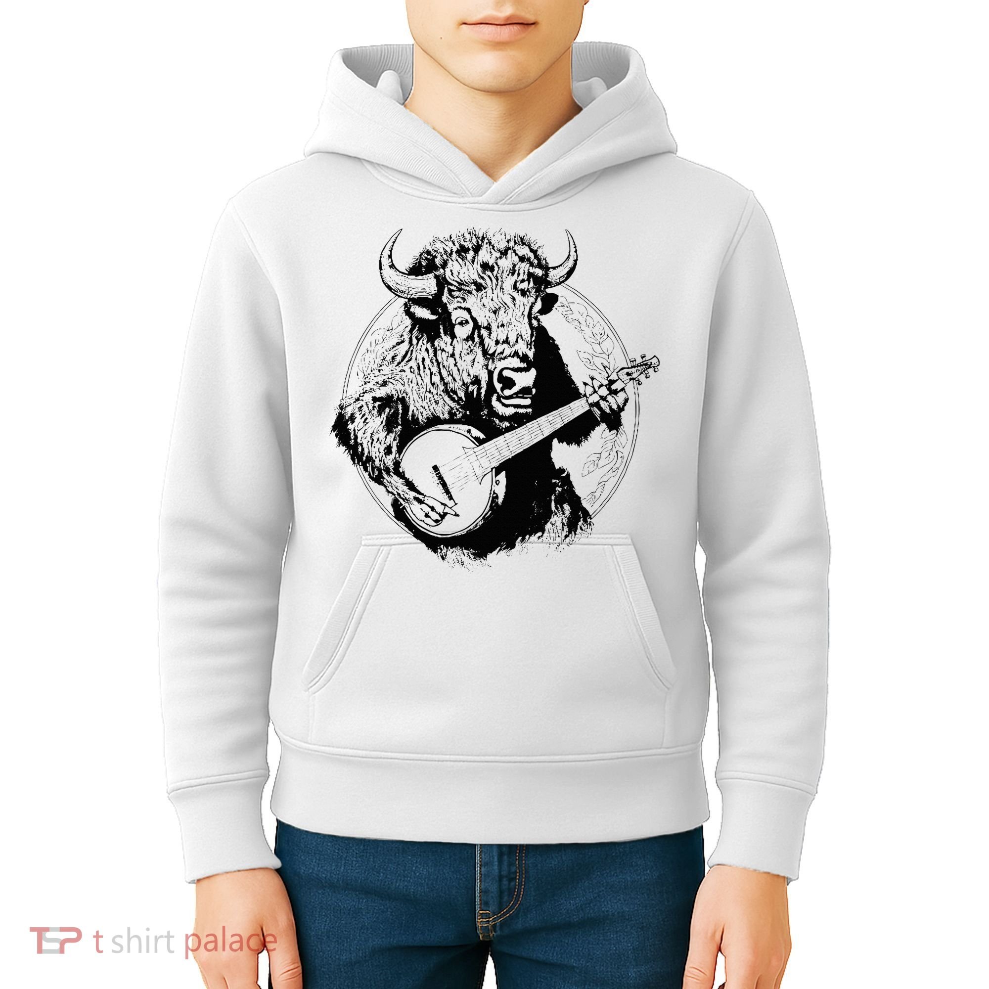 Buffalo Retro Bison Animal Playing Banjo Music Graphic Kids Hoodie
