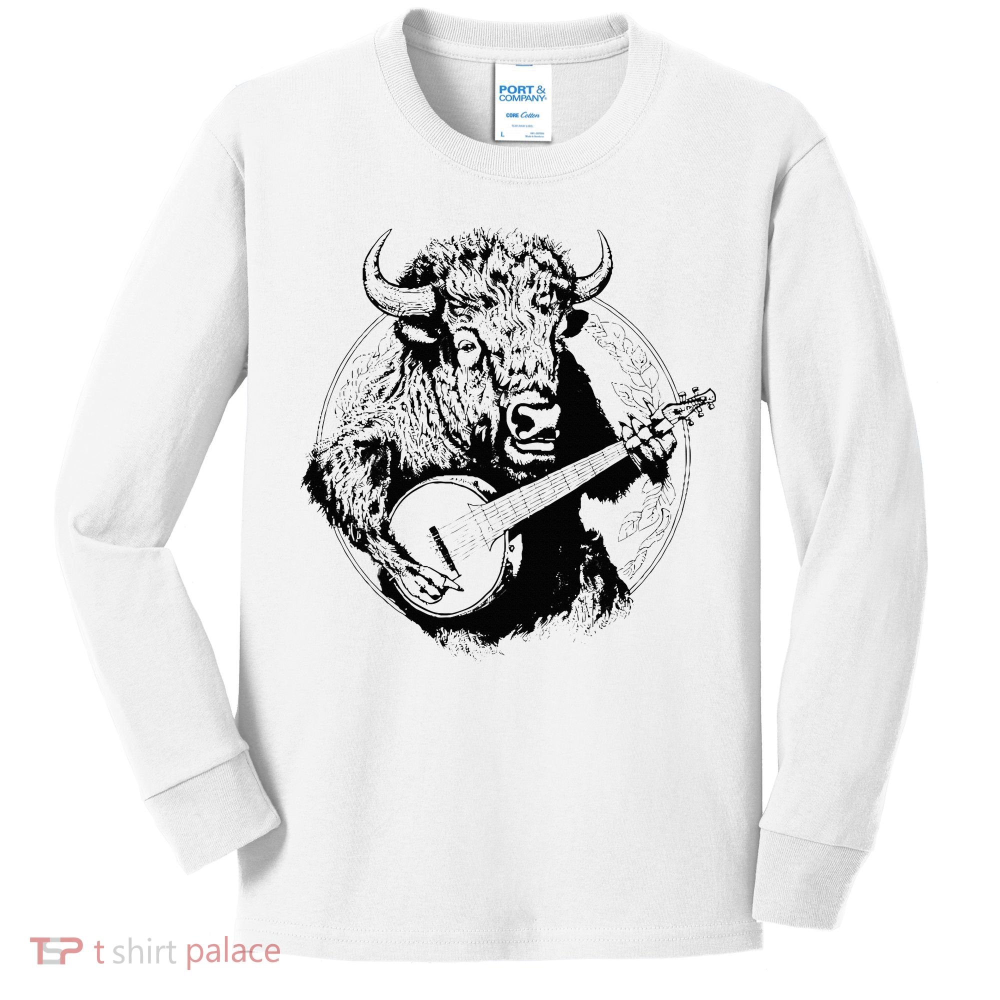 Buffalo Retro Bison Animal Playing Banjo Music Graphic Kids Long Sleeve Shirt