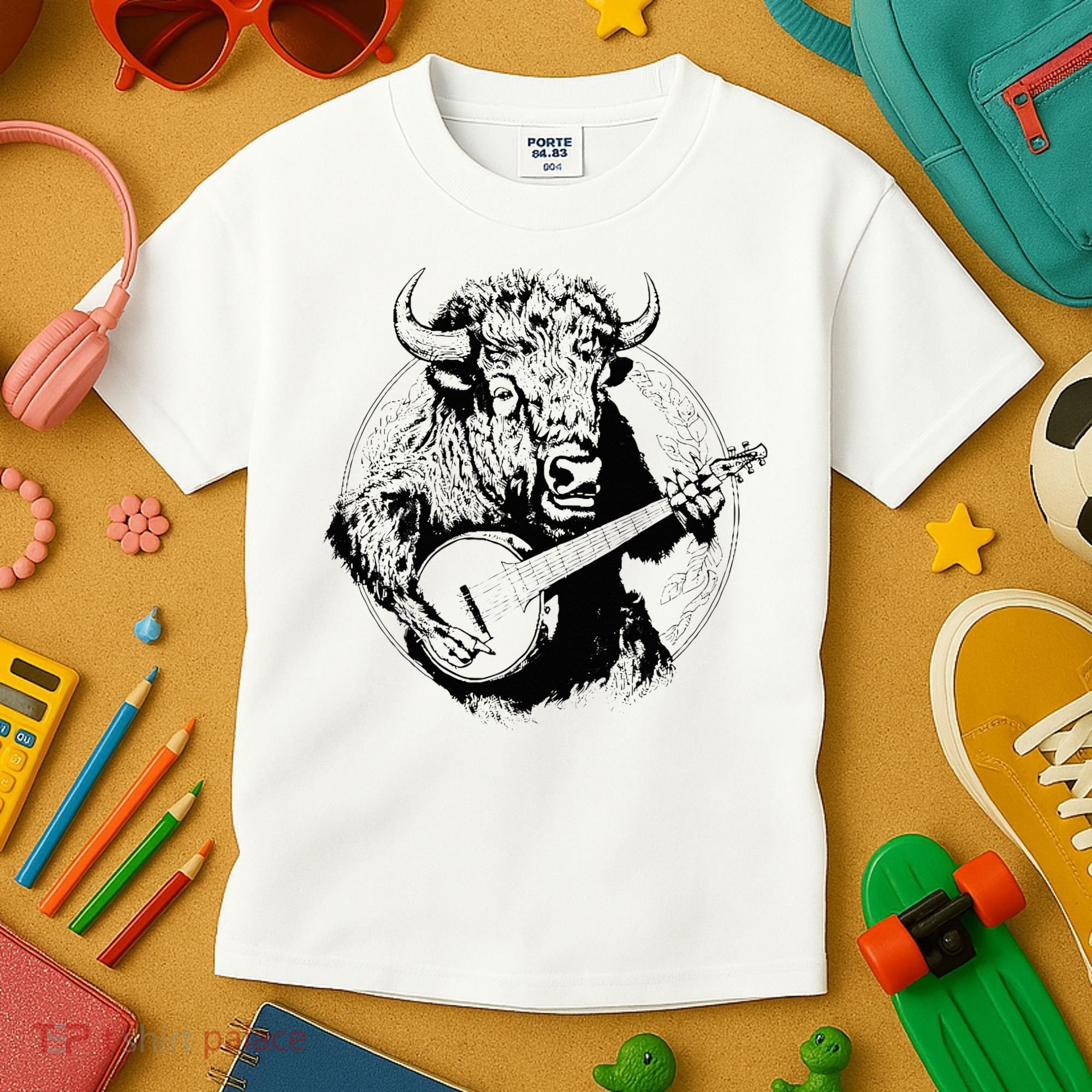 Buffalo Retro Bison Animal Playing Banjo Music Graphic Kids T-Shirt