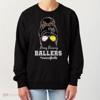 Busy Raising Ballers Mom Of Both Baseball Softball Messy Bun Sticker Features De Women's Sweatshirt thumb 0