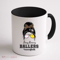 Busy Raising Ballers Mom Of Both Baseball Softball Messy Bun Sticker Features De Coffee Mug thumb 1