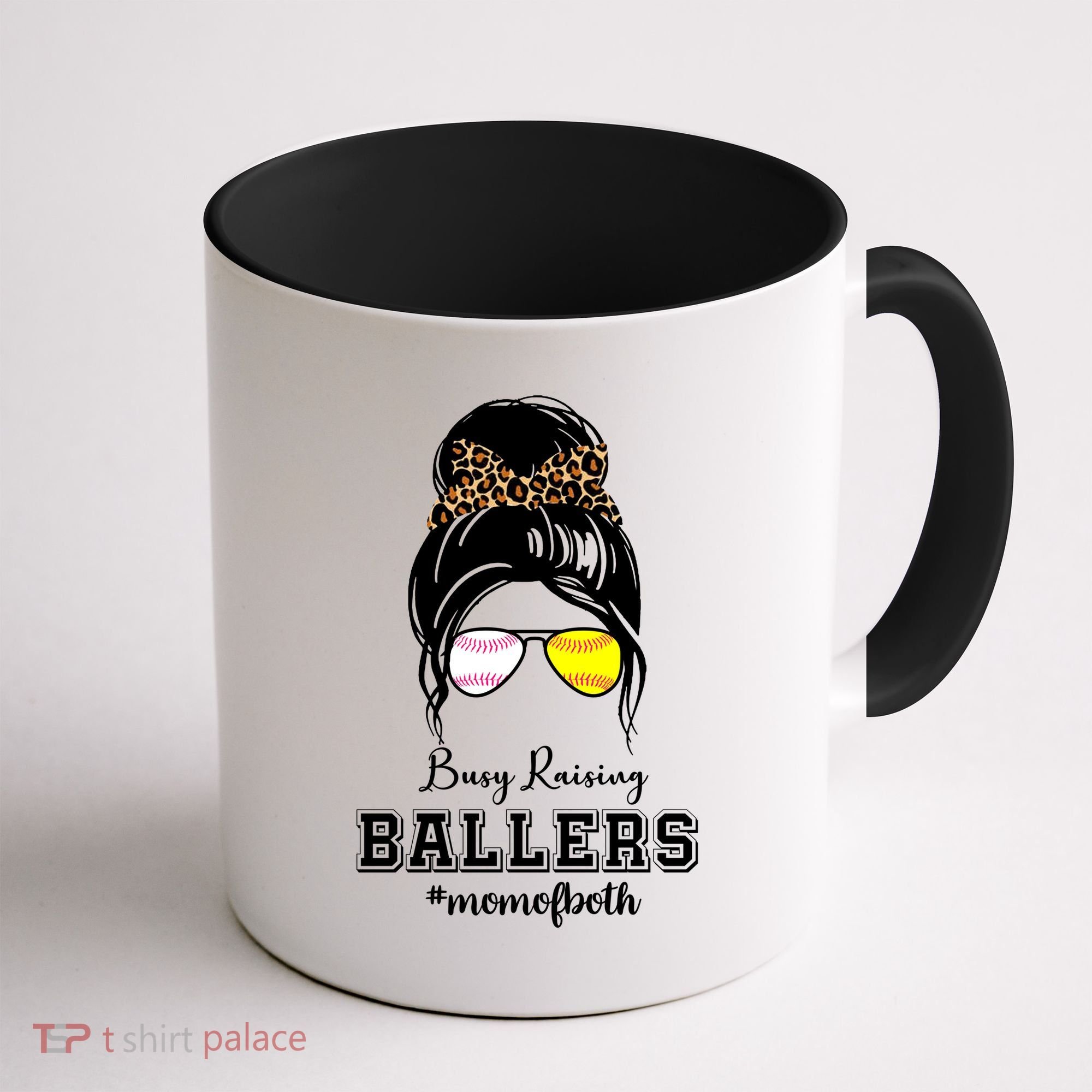 Busy Raising Ballers Mom Of Both Baseball Softball Messy Bun Sticker Features De Coffee Mug