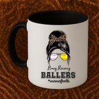 Busy Raising Ballers Mom Of Both Baseball Softball Messy Bun Sticker Features De Coffee Mug thumb 2