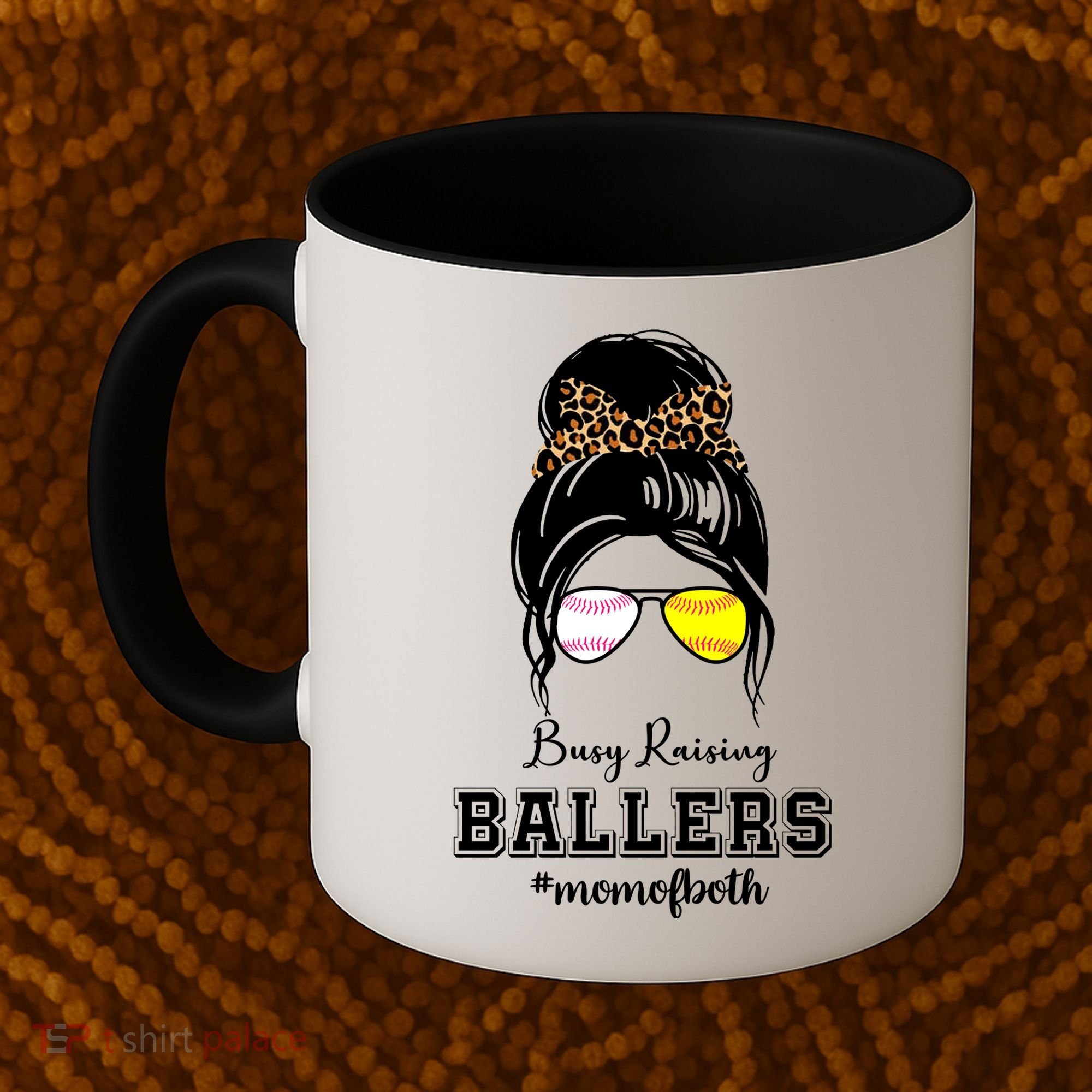 Busy Raising Ballers Mom Of Both Baseball Softball Messy Bun Sticker Features De Coffee Mug