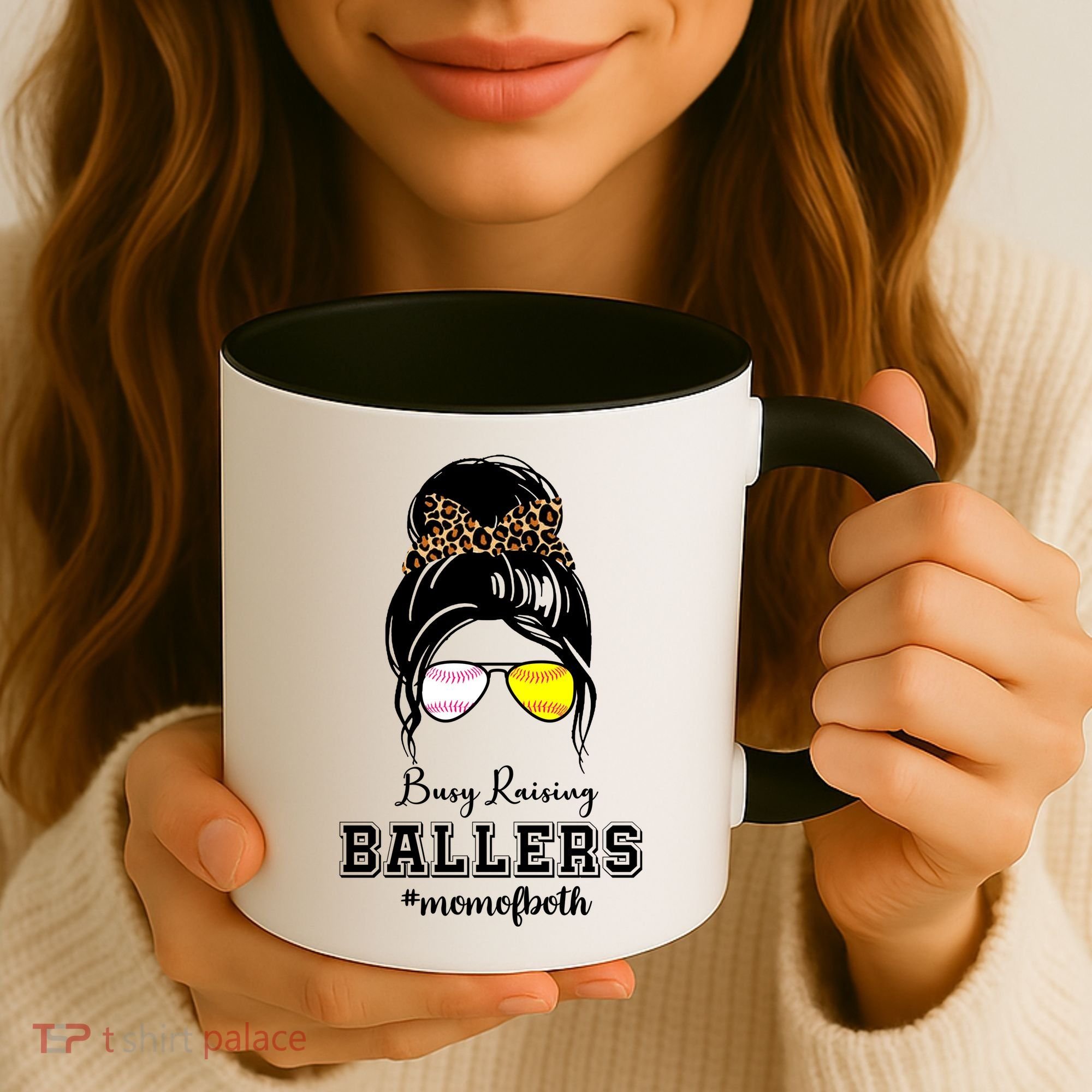 Busy Raising Ballers Mom Of Both Baseball Softball Messy Bun Sticker Features De Coffee Mug
