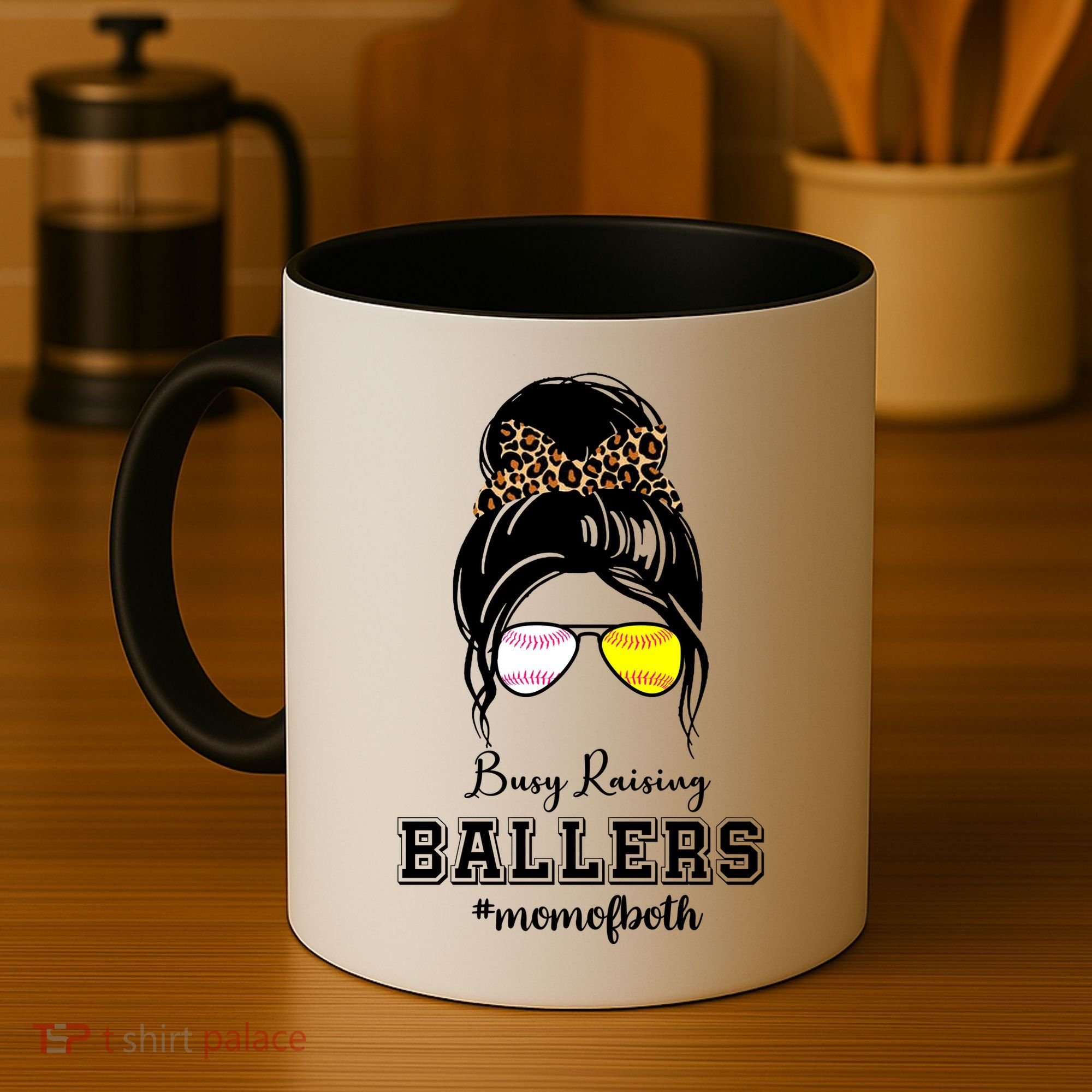 Busy Raising Ballers Mom Of Both Baseball Softball Messy Bun Sticker Features De Coffee Mug