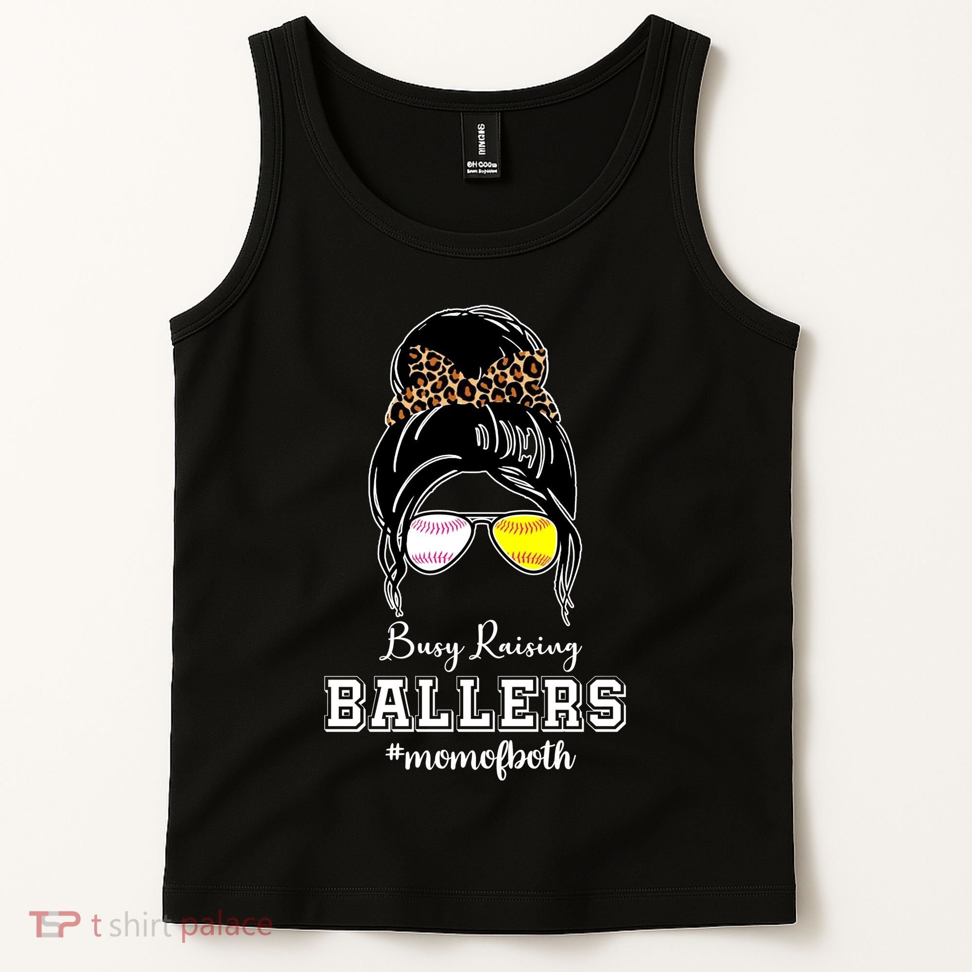 Busy Raising Ballers Mom Of Both Baseball Softball Messy Bun Sticker Features De Tank Top