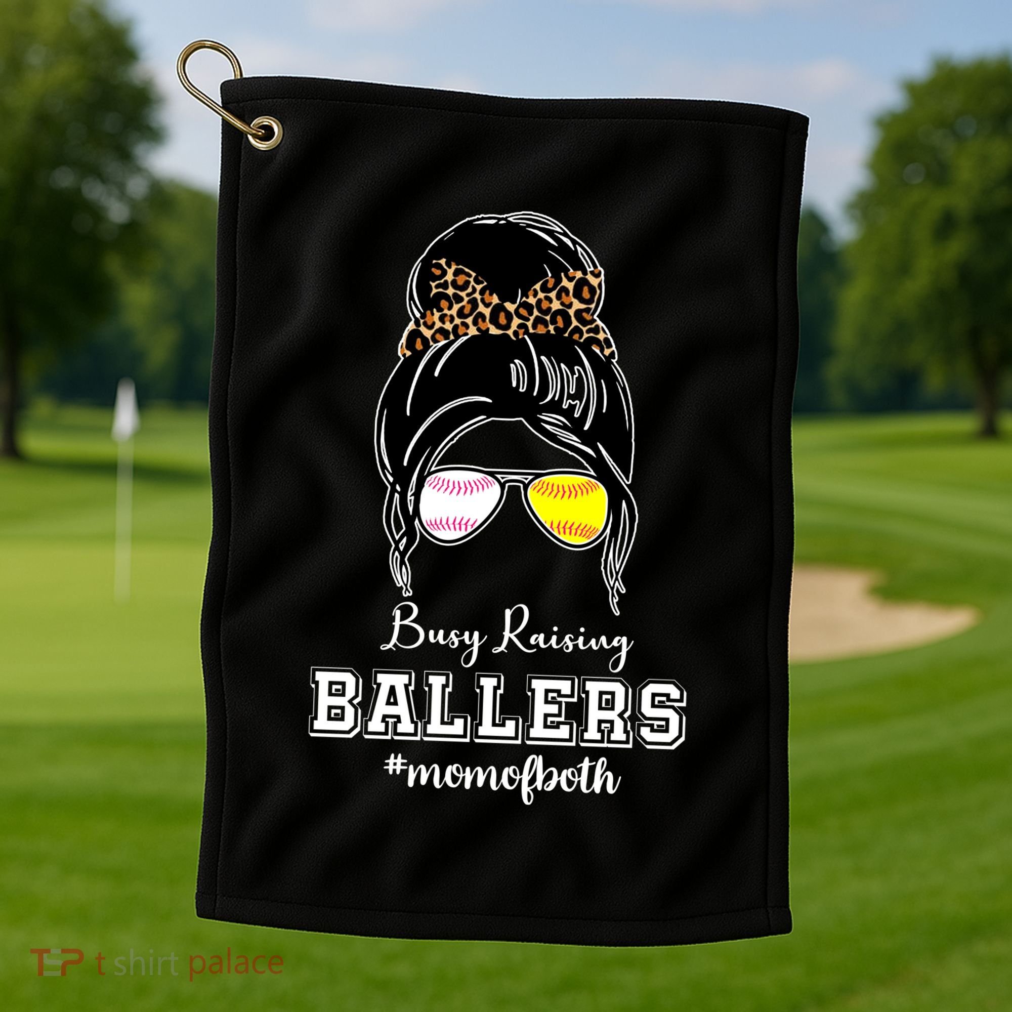 Busy Raising Ballers Mom Of Both Baseball Softball Messy Bun Sticker Features De Golf Towel