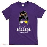 Busy Raising Ballers Mom Of Both Baseball Softball Messy Bun Sticker Features De T-Shirt thumb 0