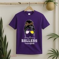 Busy Raising Ballers Mom Of Both Baseball Softball Messy Bun Sticker Features De T-Shirt thumb 2
