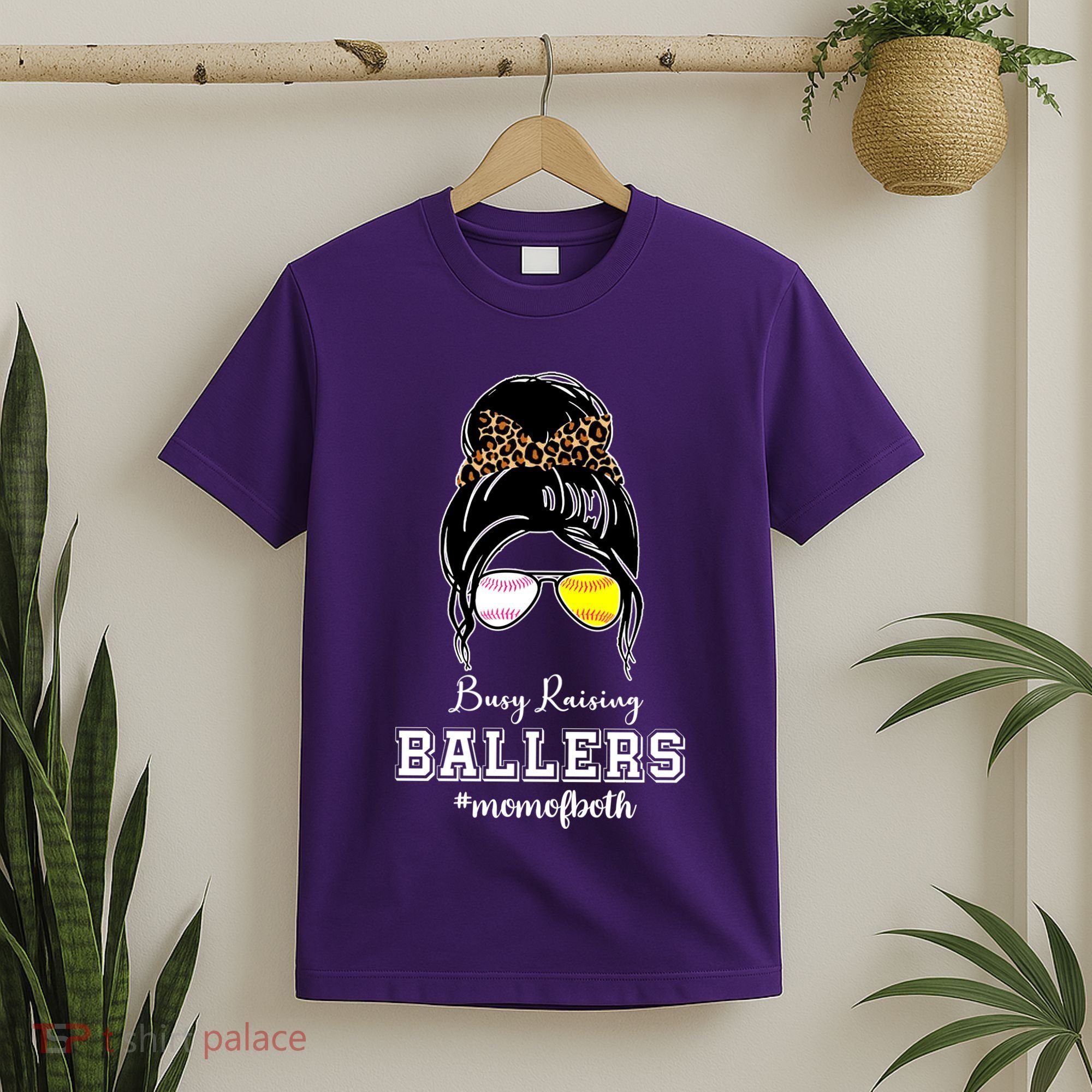 Busy Raising Ballers Mom Of Both Baseball Softball Messy Bun Sticker Features De T-Shirt