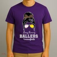 Busy Raising Ballers Mom Of Both Baseball Softball Messy Bun Sticker Features De T-Shirt thumb 3