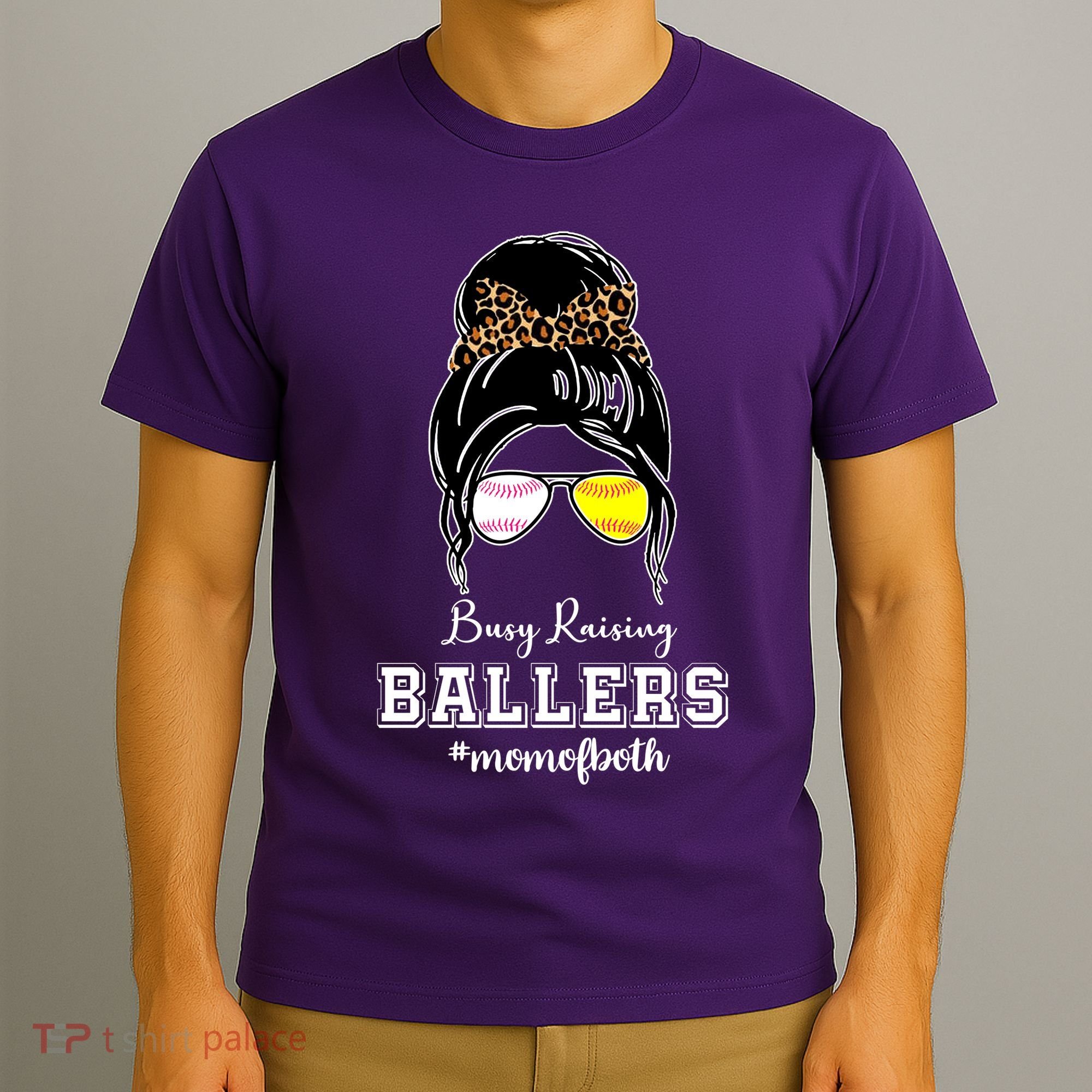 Busy Raising Ballers Mom Of Both Baseball Softball Messy Bun Sticker Features De T-Shirt