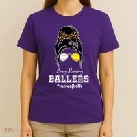 Busy Raising Ballers Mom Of Both Baseball Softball Messy Bun Sticker Features De T-Shirt thumb 4