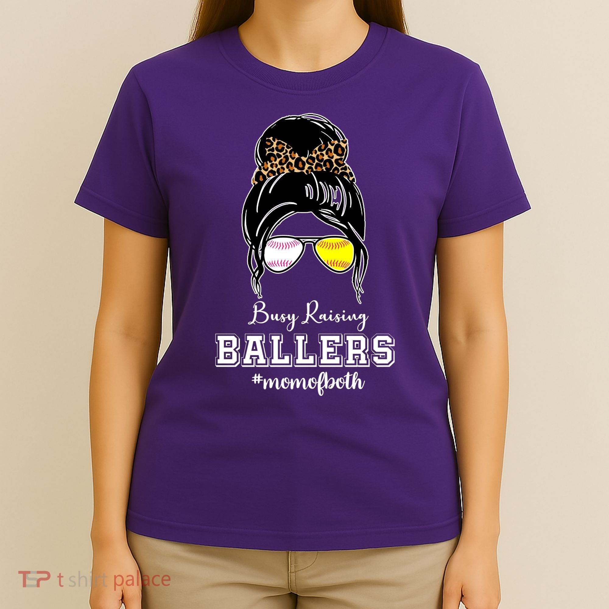 Busy Raising Ballers Mom Of Both Baseball Softball Messy Bun Sticker Features De T-Shirt