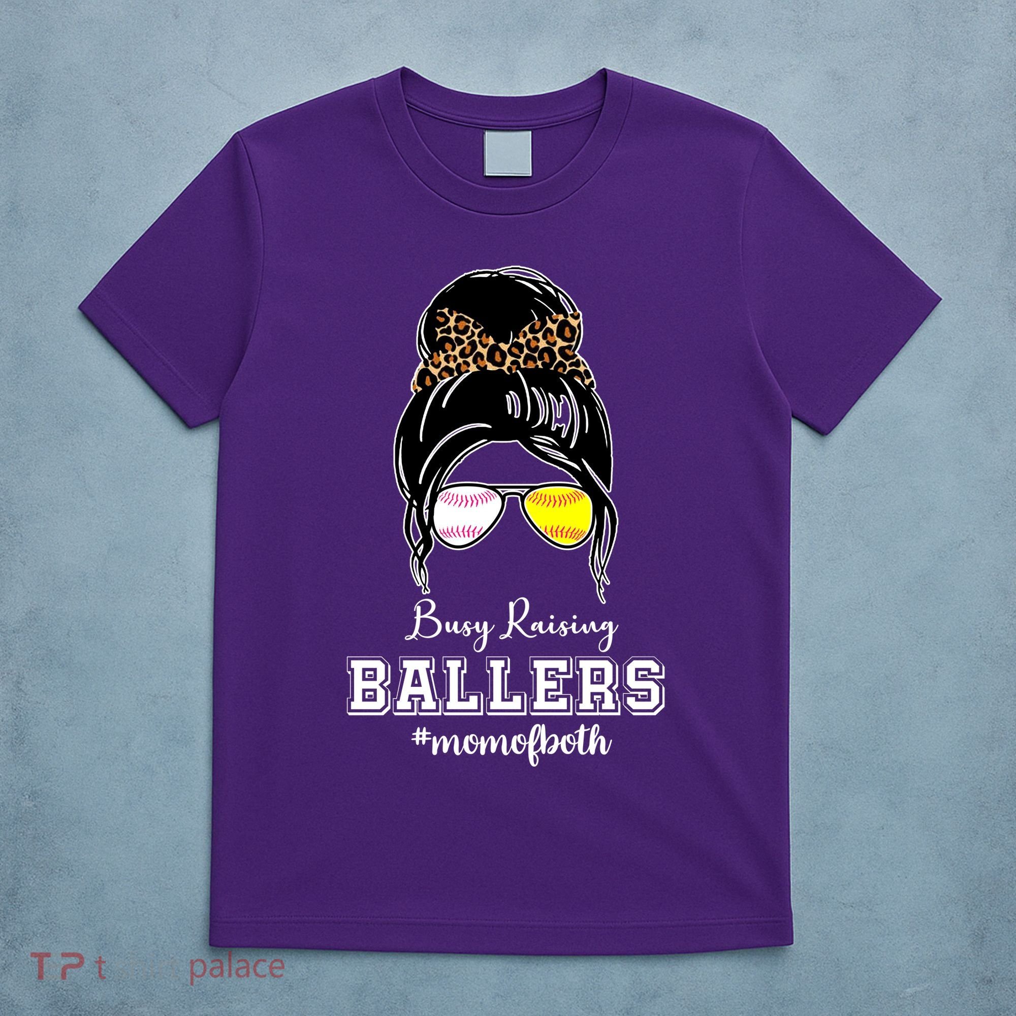 Busy Raising Ballers Mom Of Both Baseball Softball Messy Bun Sticker Features De T-Shirt