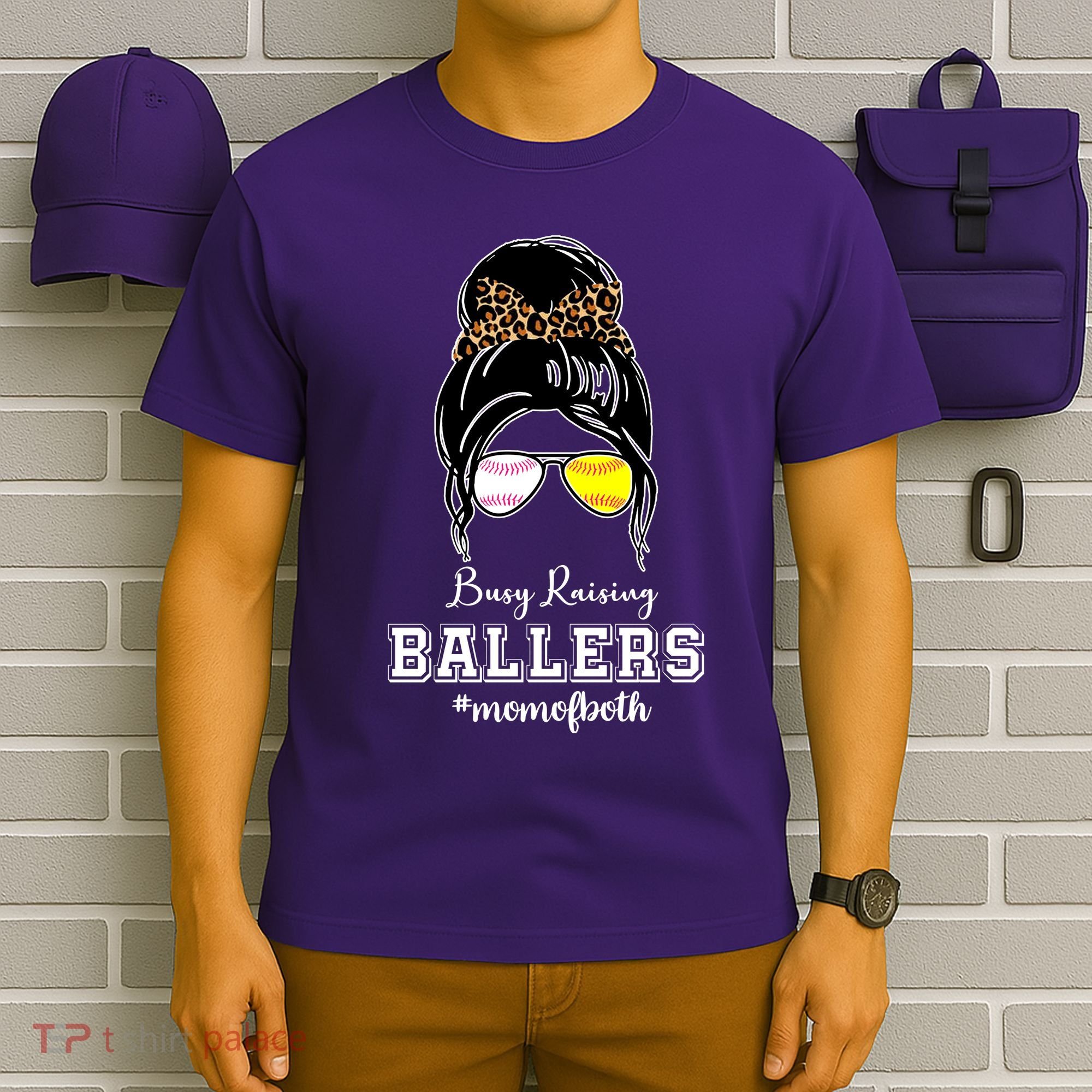 Busy Raising Ballers Mom Of Both Baseball Softball Messy Bun Sticker Features De T-Shirt
