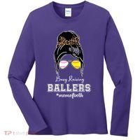 Busy Raising Ballers Mom Of Both Baseball Softball Messy Bun Sticker Features De Women's Long Sleeve Shirt thumb 0
