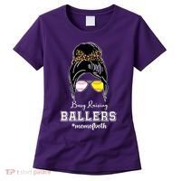 Busy Raising Ballers Mom Of Both Baseball Softball Messy Bun Sticker Features De Women's T-Shirt thumb 0