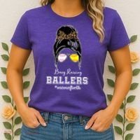 Busy Raising Ballers Mom Of Both Baseball Softball Messy Bun Sticker Features De Women's T-Shirt thumb 2