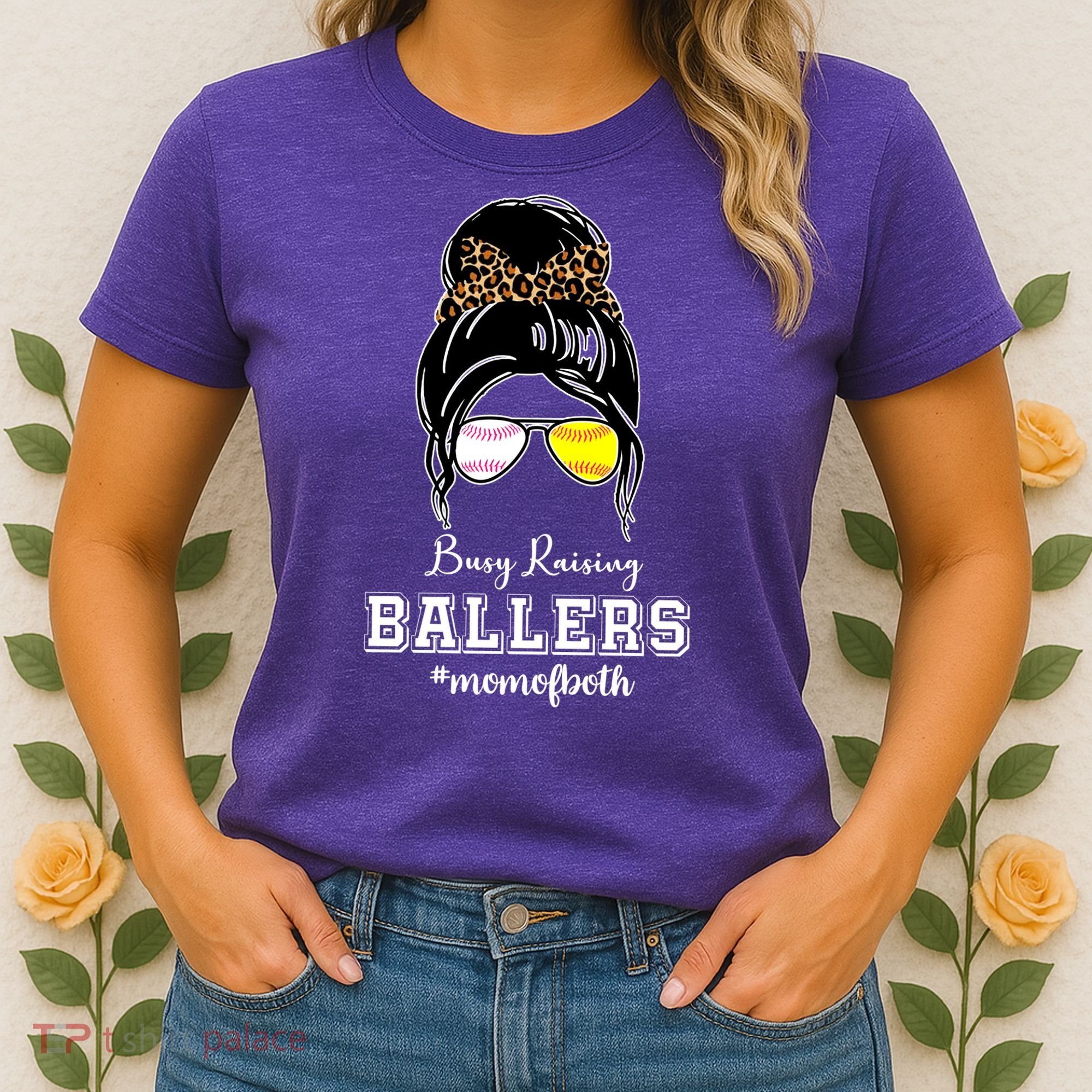 Busy Raising Ballers Mom Of Both Baseball Softball Messy Bun Sticker Features De Women's T-Shirt