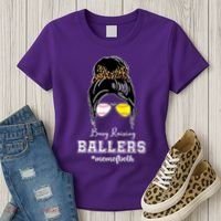 Busy Raising Ballers Mom Of Both Baseball Softball Messy Bun Sticker Features De Women's T-Shirt thumb 3