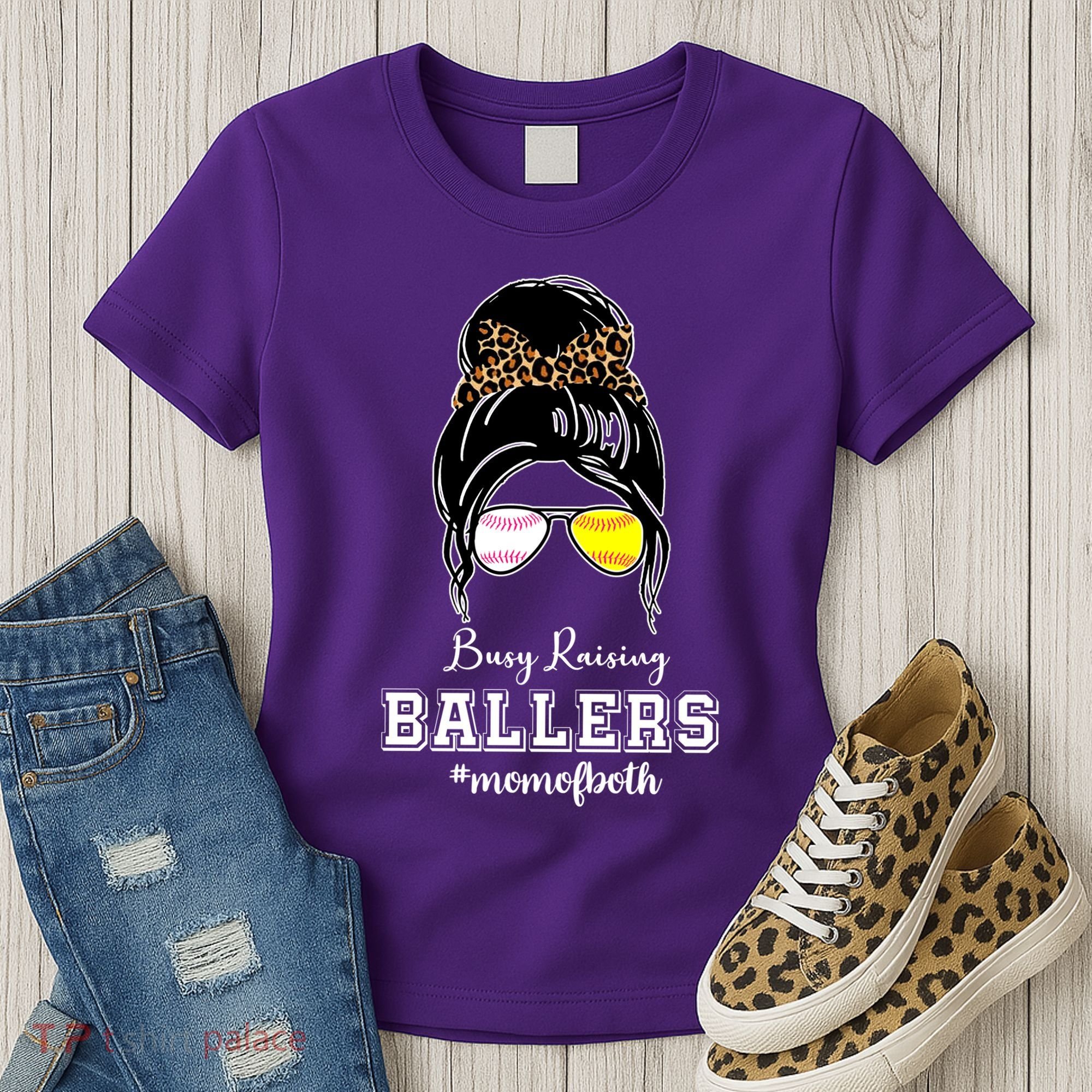 Busy Raising Ballers Mom Of Both Baseball Softball Messy Bun Sticker Features De Women's T-Shirt