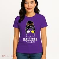 Busy Raising Ballers Mom Of Both Baseball Softball Messy Bun Sticker Features De Women's T-Shirt thumb 4