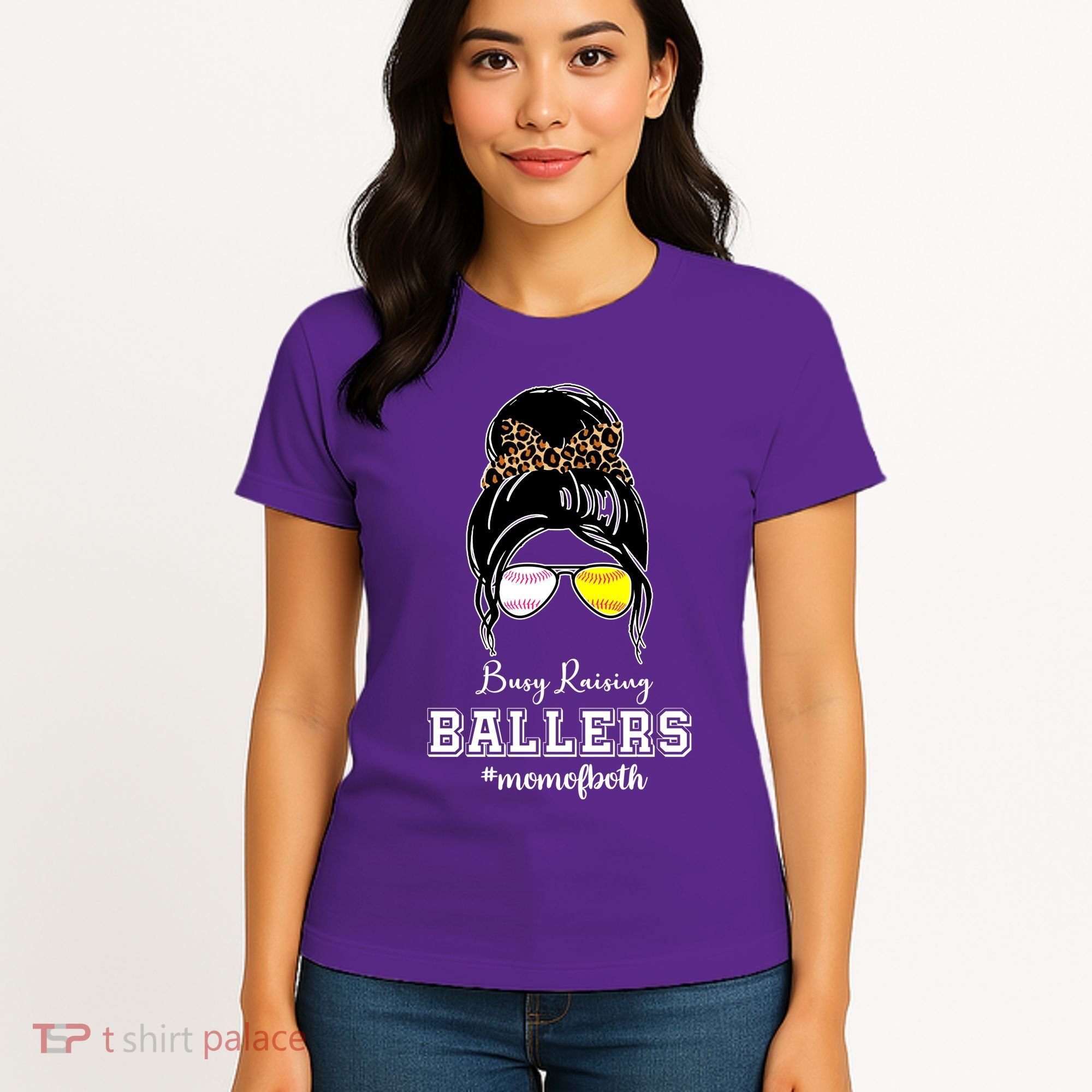 Busy Raising Ballers Mom Of Both Baseball Softball Messy Bun Sticker Features De Women's T-Shirt