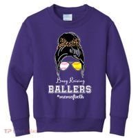 Busy Raising Ballers Mom Of Both Baseball Softball Messy Bun Sticker Features De Kids Sweatshirt thumb 0