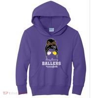 Busy Raising Ballers Mom Of Both Baseball Softball Messy Bun Sticker Features De Kids Hoodie thumb 0