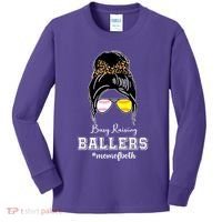 Busy Raising Ballers Mom Of Both Baseball Softball Messy Bun Sticker Features De Kids Long Sleeve Shirt thumb 0