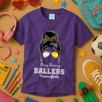 Busy Raising Ballers Mom Of Both Baseball Softball Messy Bun Sticker Features De Kids T-Shirt thumb 3