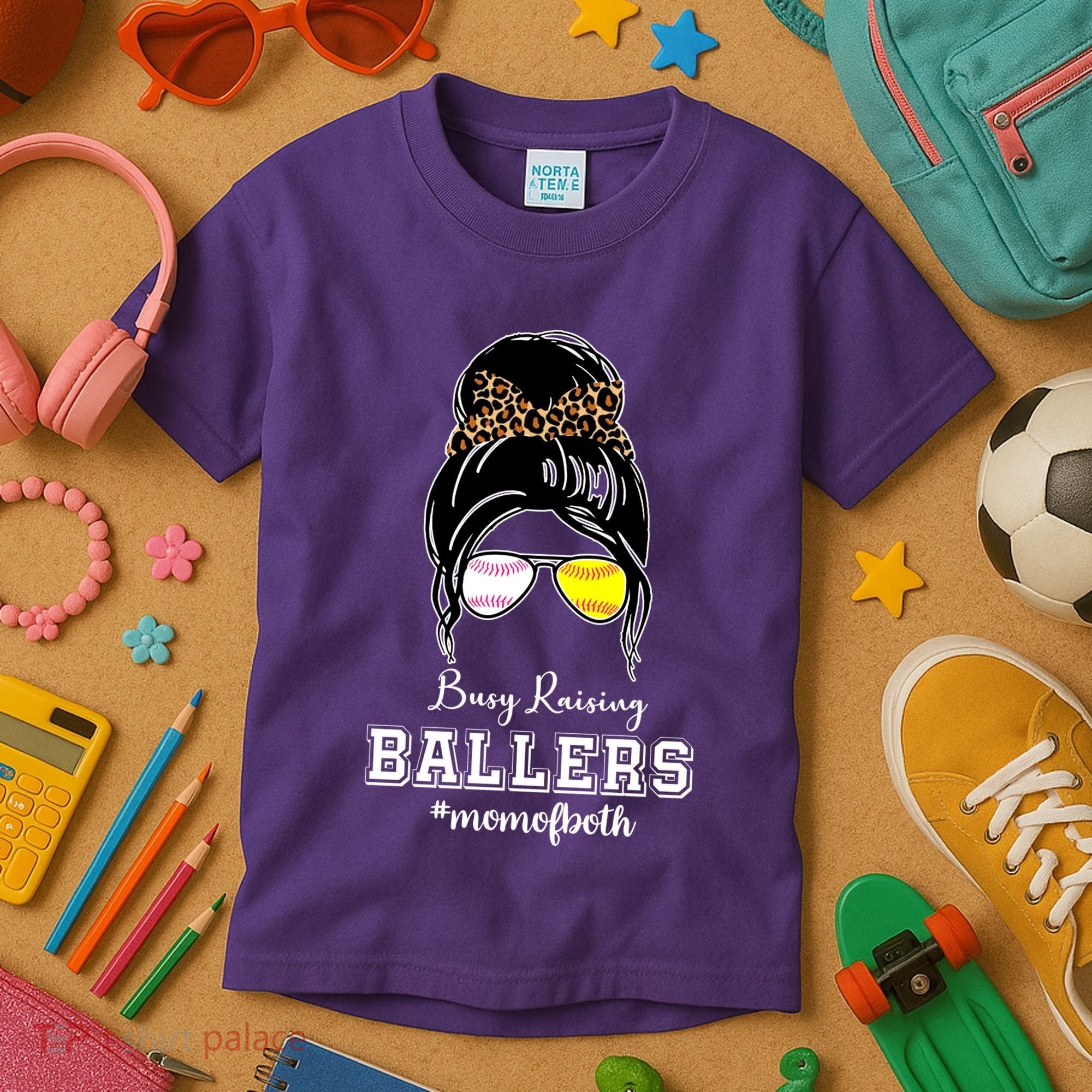 Busy Raising Ballers Mom Of Both Baseball Softball Messy Bun Sticker Features De Kids T-Shirt