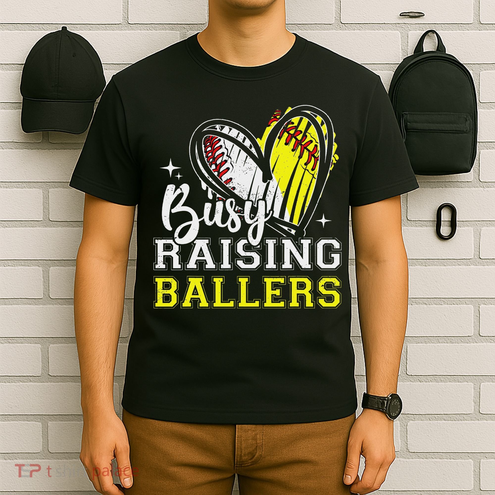 Busy Raising Ballers Heart Softball Baseball Mom T-Shirt