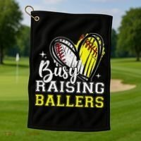 Busy Raising Ballers Heart Softball Baseball Mom Golf Towel thumb 1