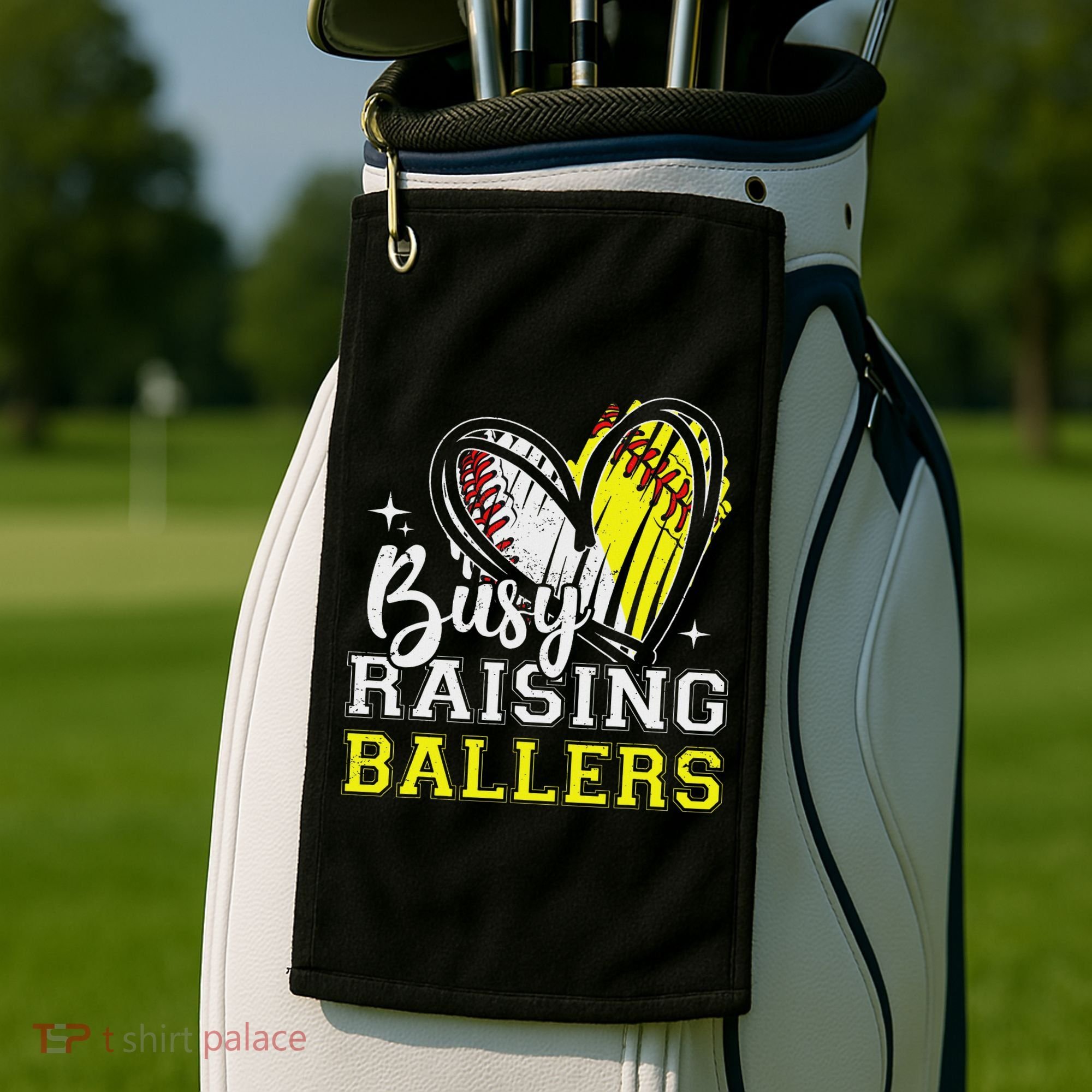 Busy Raising Ballers Heart Softball Baseball Mom Golf Towel