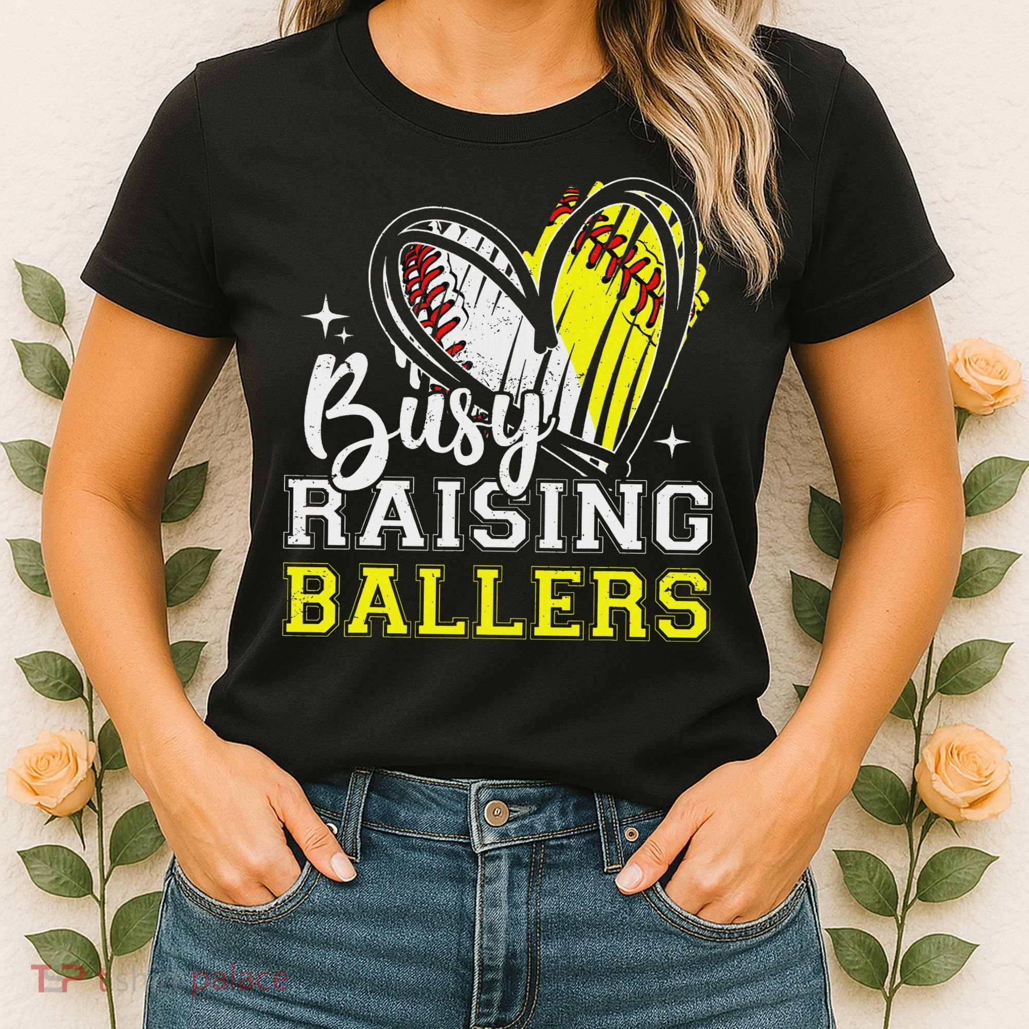 Busy Raising Ballers Heart Softball Baseball Mom Women's T-Shirt