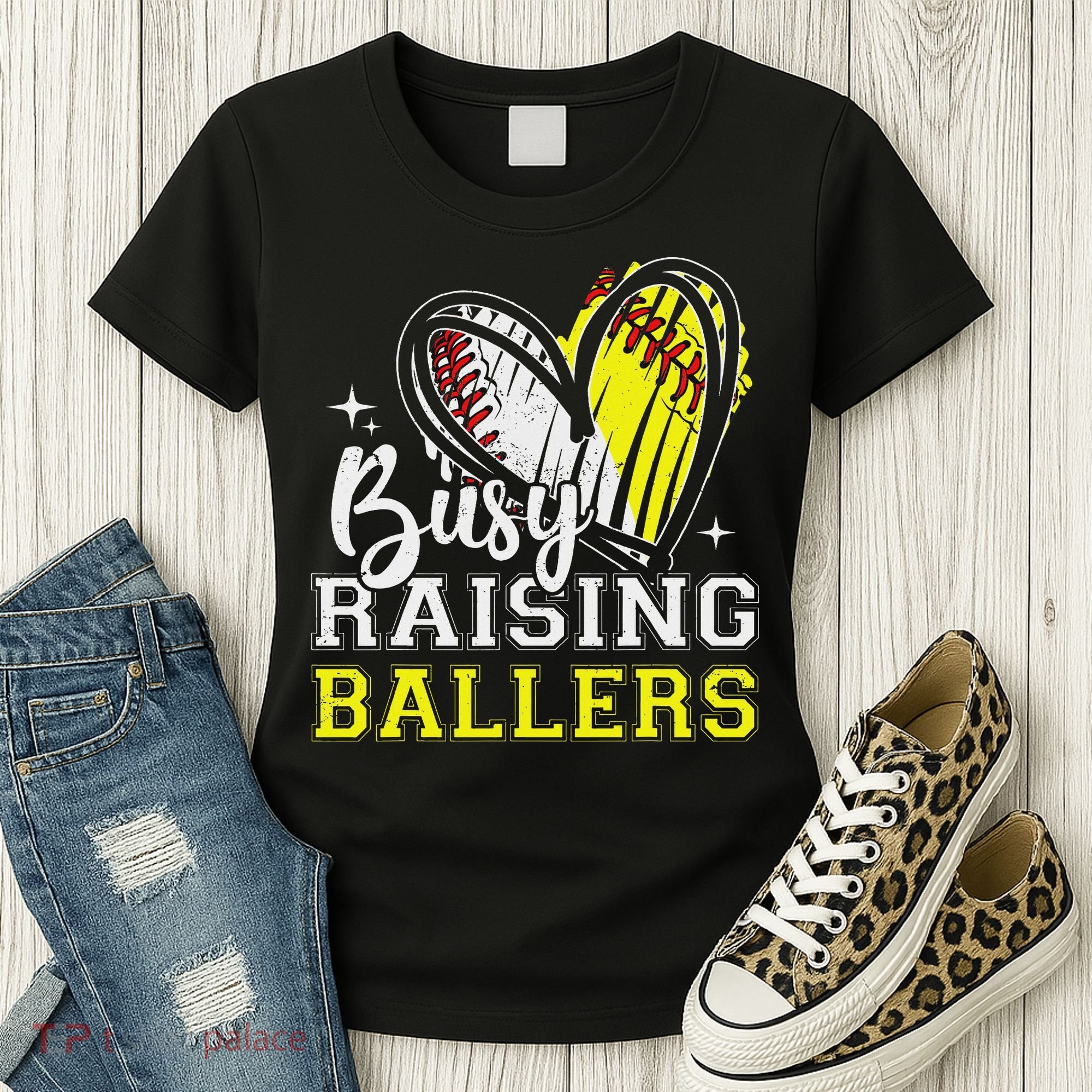 Busy Raising Ballers Heart Softball Baseball Mom Women's T-Shirt