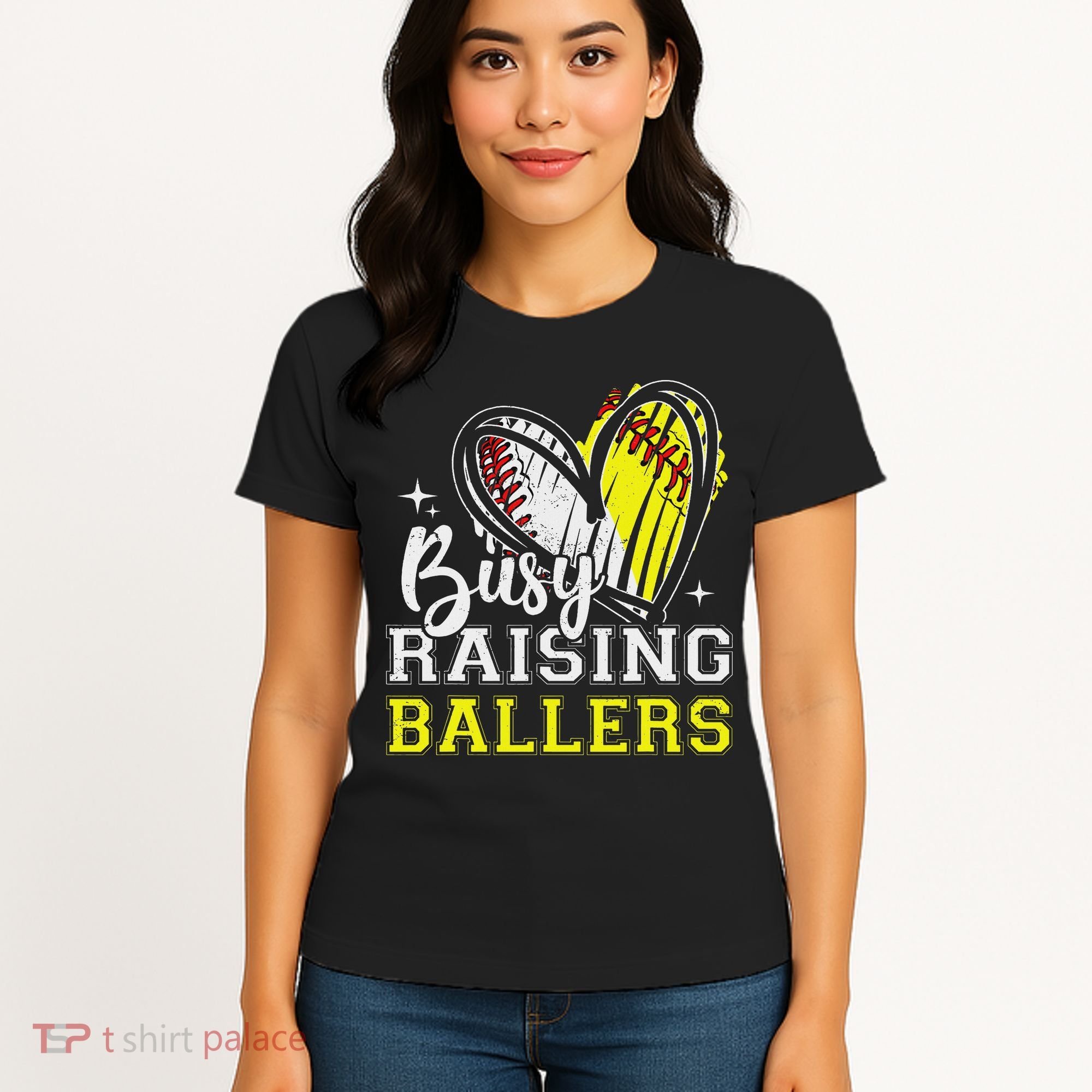 Busy Raising Ballers Heart Softball Baseball Mom Women's T-Shirt