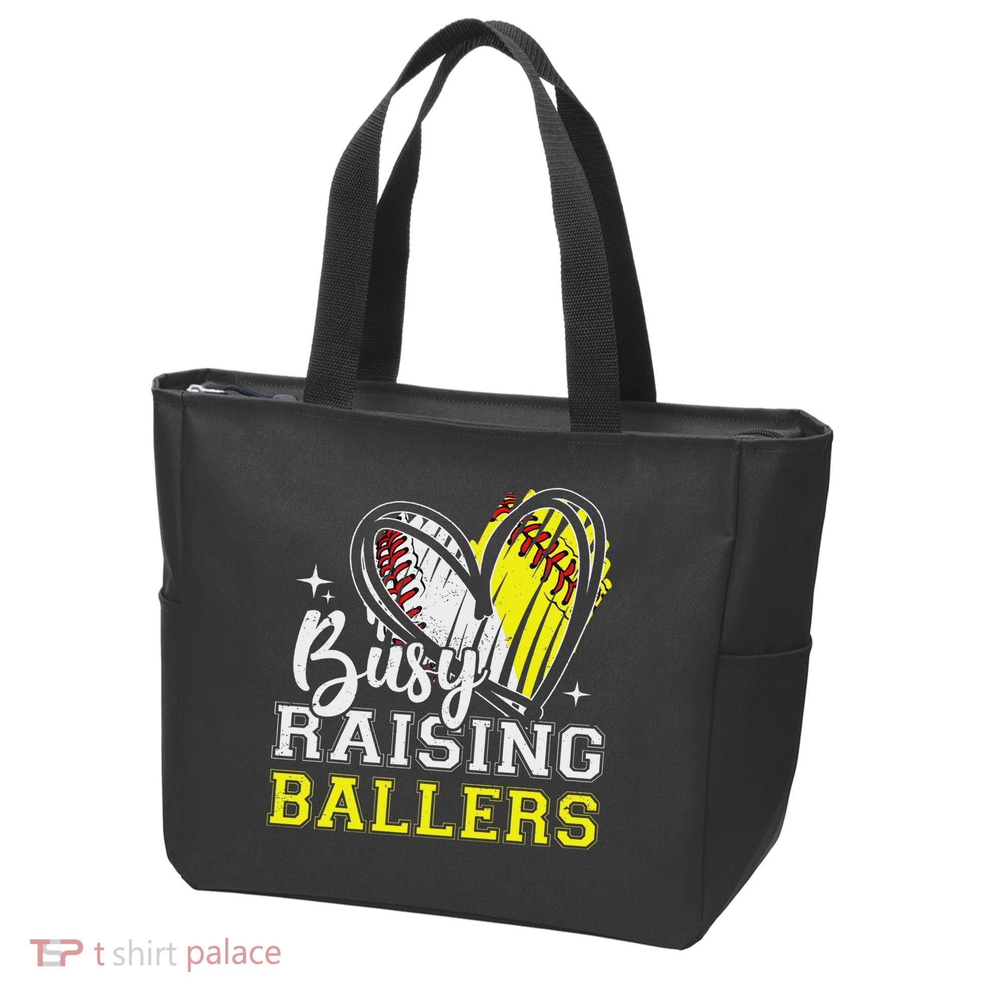 Busy Raising Ballers Heart Softball Baseball Mom Tote Bag