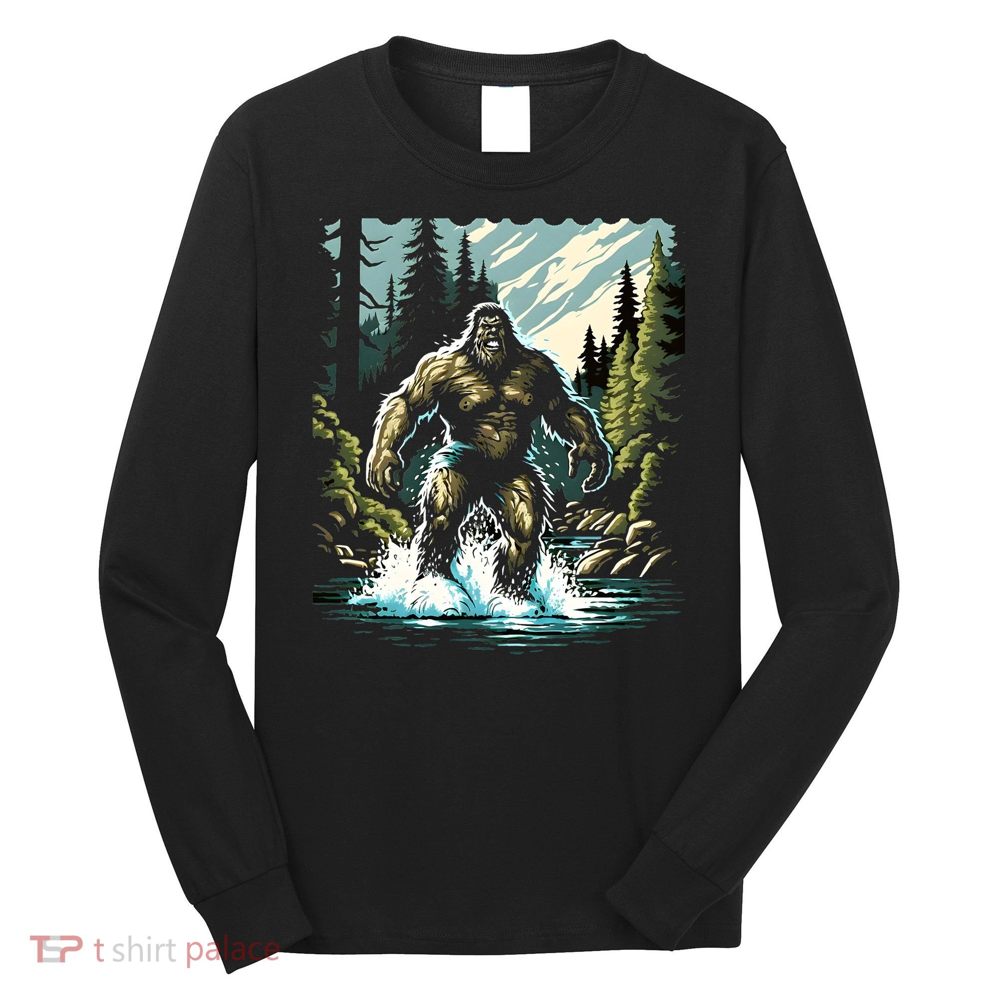 Bigfoot River Crossing in National Forest Sasquatch Cryptid Long Sleeve Shirt
