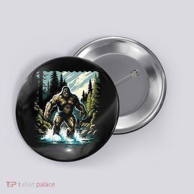 Bigfoot River Crossing in National Forest Sasquatch Cryptid Button