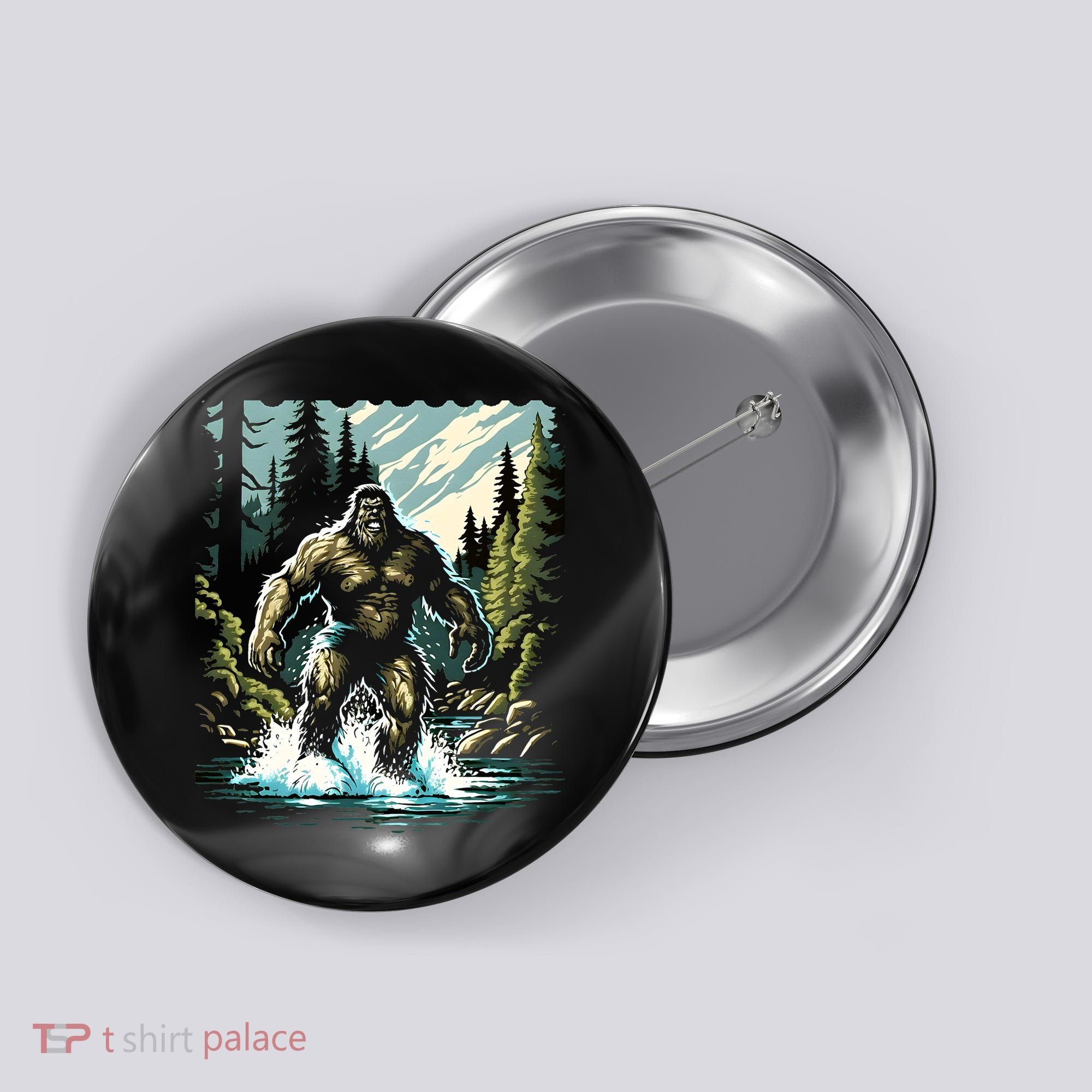 Bigfoot River Crossing in National Forest Sasquatch Cryptid Button