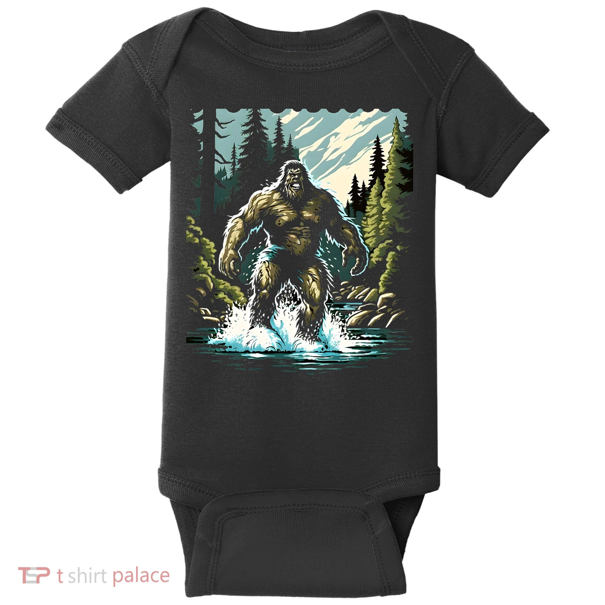 Bigfoot River Crossing in National Forest Sasquatch Cryptid Baby Bodysuit