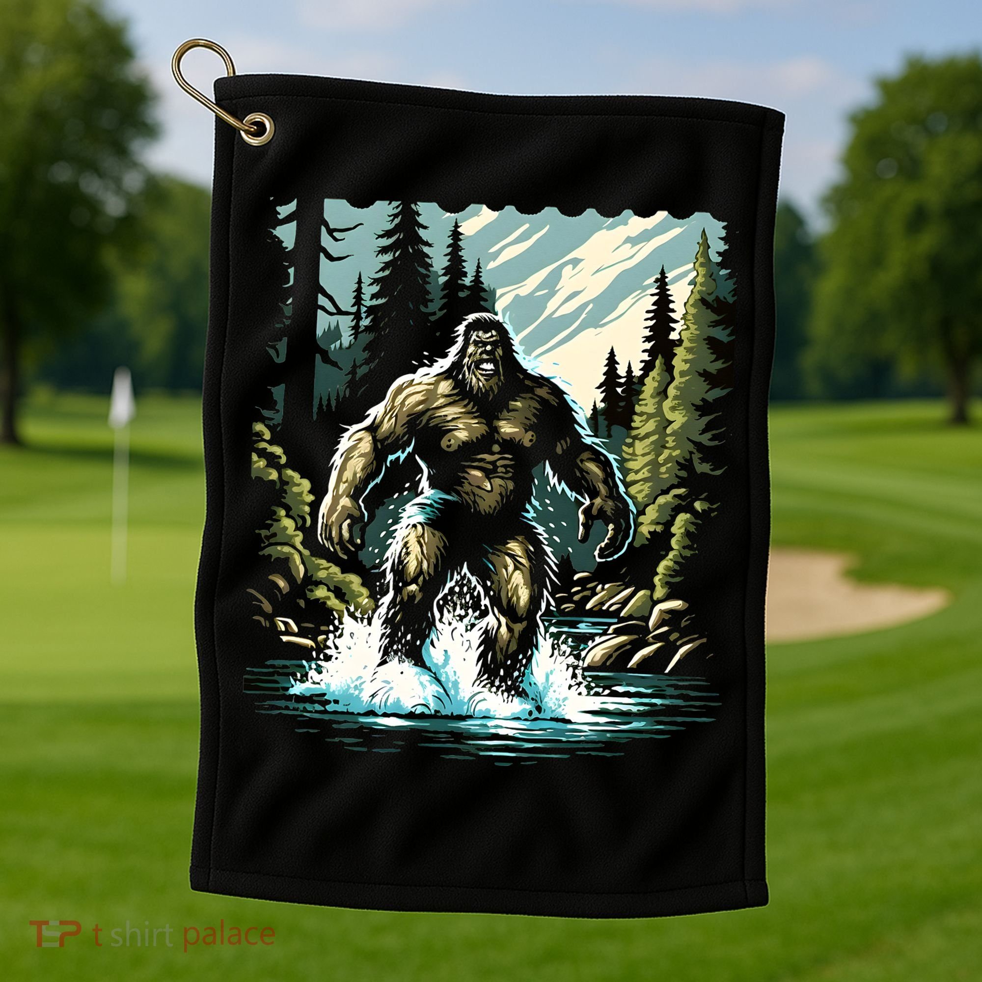Bigfoot River Crossing in National Forest Sasquatch Cryptid Golf Towel