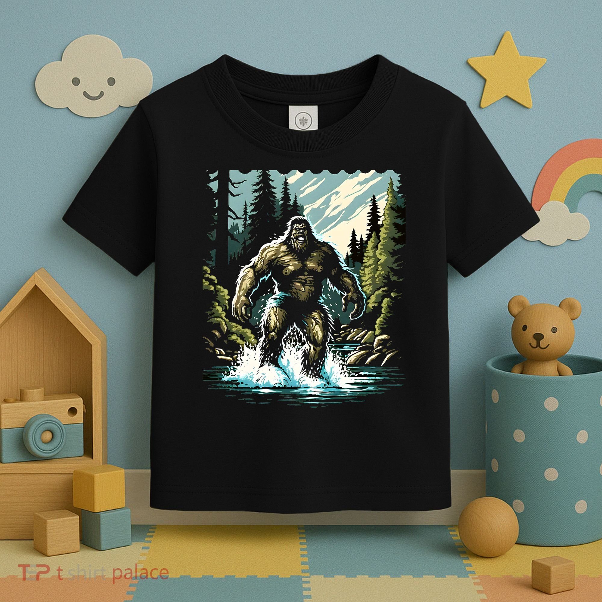 Bigfoot River Crossing in National Forest Sasquatch Cryptid Toddler T-Shirt