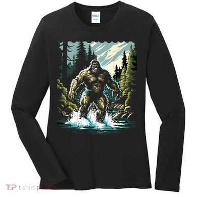 Bigfoot River Crossing in National Forest Sasquatch Cryptid Women's Long Sleeve Shirt